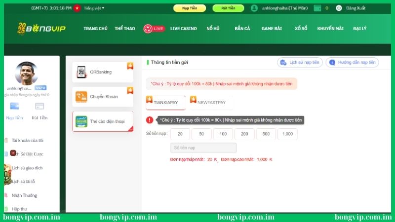 Hướng dẫn nạp tiền qua thẻ cào điện thoại tại Bongvip