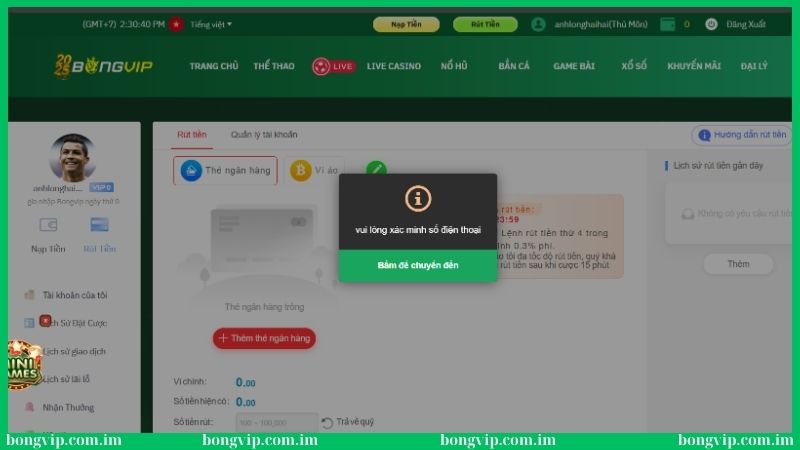 Điền thông tin xác minh số điện thoại khi rút tiền